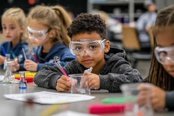 An engaging snapshot of young children actively participating in a science activity, showcasing their curiosity and eagerness to explore scientific concepts while wearing protective eyewear.