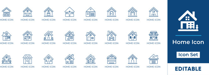 Home Icon set features various house styles, including modern, classic, and eco-friendly designs. Perfect for real estate, and home-related projects. Editable vector graphics.
