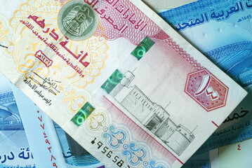 Close up Dirhams currency, AED, Bank note and coins, United Arab Emirates