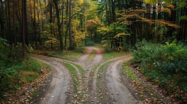 A fork in the road through an autumn forest. Which path will you take?