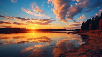 sunset over the lake,A peaceful sunset over a serene lake with a silhouette of trees , sunset, lake, water, reflection, nature, sky, clouds,Reflection of clouds in lake during sunset

