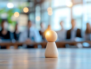 Leading a Team Meeting Depiction of a wooden doll leading a team meeting with glowing light accents highlighting interactions.