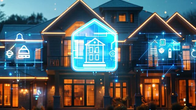 A contemporary house glows warmly at dusk, adorned with digital icons representing smart technology, showcasing innovation in residential living.