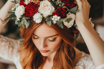 Naklejka premium Serene redhead woman with floral headpiece