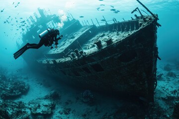 A scuba diver hovers near a massive, timeworn shipwreck on the ocean floor, capturing the haunting shadow and relics of a once-grand vessel amidst marine life.