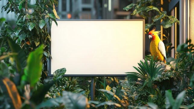 Blank Frame-Like Store Signage Design Mockup Isolated, Coroplast Billboard Mardi Gras with Cockatiel on Ecosystem Background