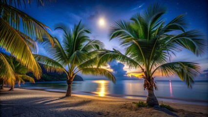 Fototapeta premium Luminous palm fronds illuminated by vibrant moonlight at dusk on a secluded island beach captured with shallow depth of field and soft focus enhancing mystery dark shadows and serene atmosphere.
