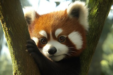 Fototapeta premium Red panda climbing in lush green