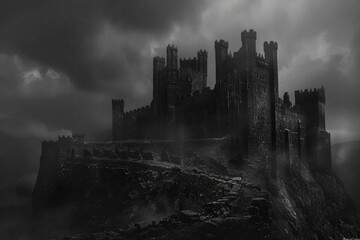 Castle Black. Great Medieval Fortress with Dark Gothic Towers in Cinematic Weather