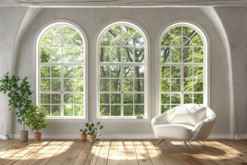 Fototapeta premium Arch Window in Classic Scandinavian Living Room with Vintage Style Furniture