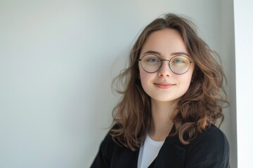 Fototapeta premium Bright Portrait of a Stylish Girl Smiling Near White Background with Copy Space