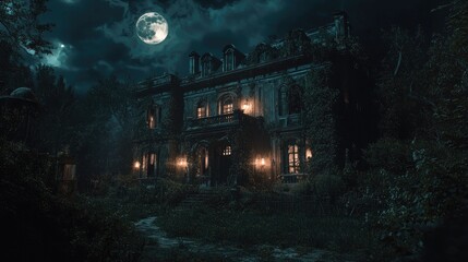 Haunted Victorian Mansion under Moonlit Night Sky
