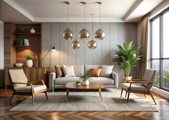 Fototapeta premium Mid-Century Modern Minimalism: Clean lines, sleek silhouette, neutral palette, geometric shapes, metallic accents