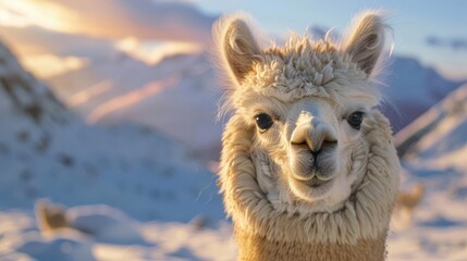 Obraz premium A cute alpaca standing in the snow, looking at the camera.