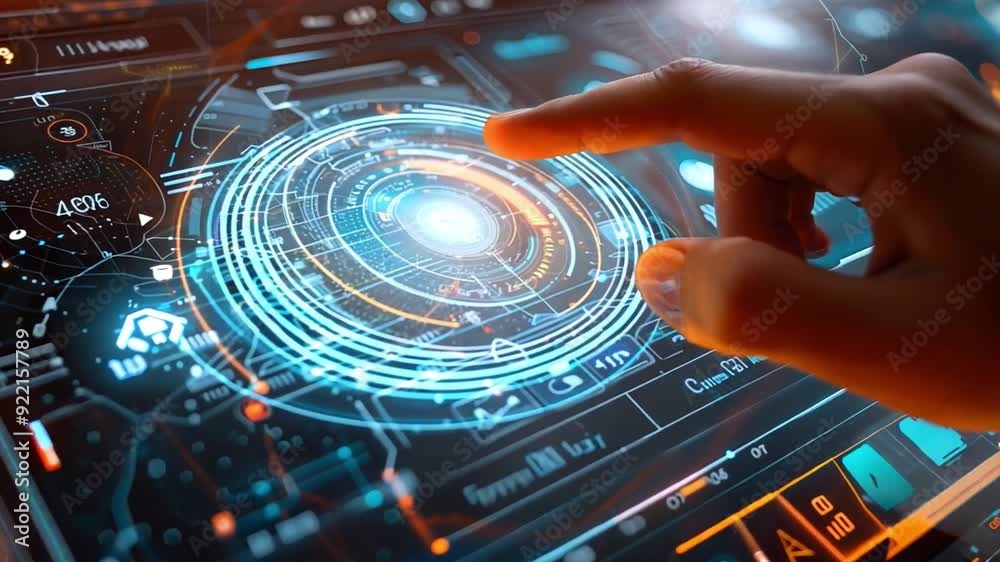 Poster a hand interacts with a sophisticated digital interface showcasing dynamic data visualizations and a