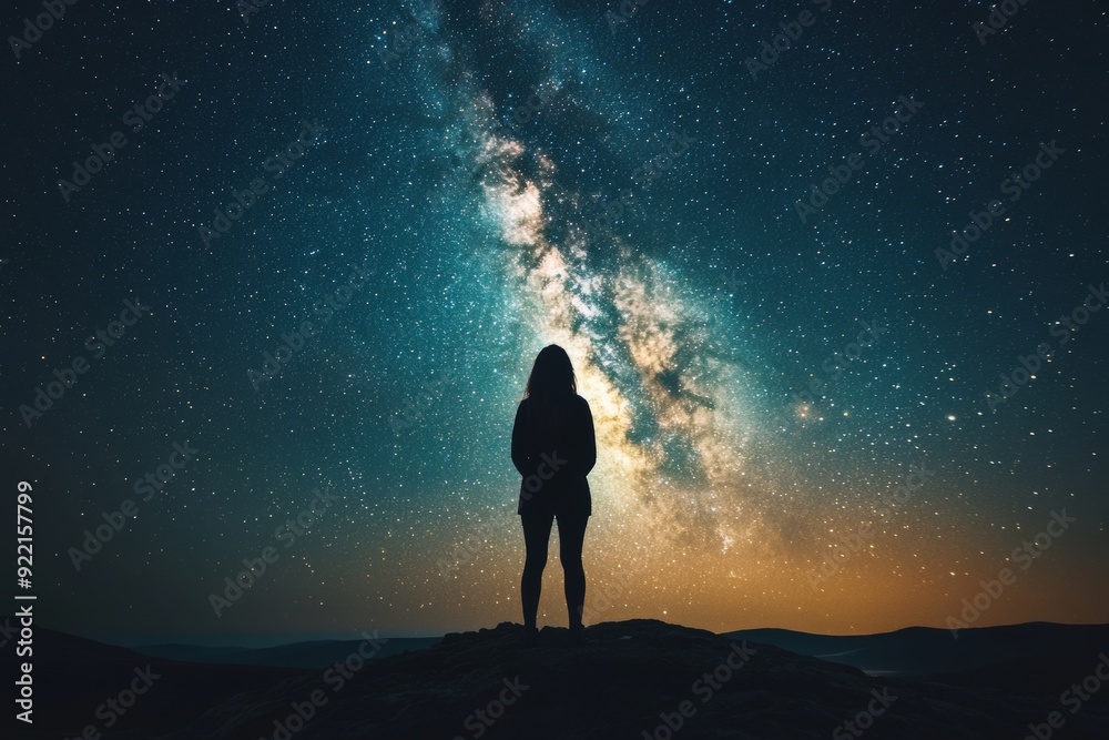 Wall mural woman gazing up at a starry sky with milky way