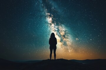 Fototapeta premium Woman gazing up at a starry sky with Milky Way