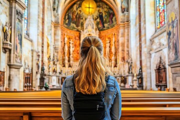 Woman admiring the intricate interior of historic cathedral