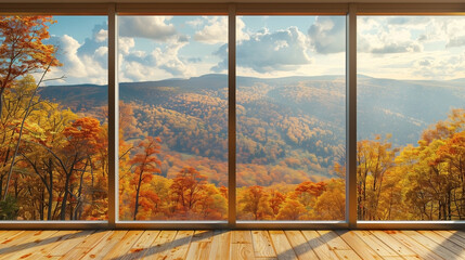 An empty room with wooden floor and a cinematic view of the Autumn forest hill through big windows.