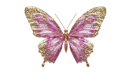 A sparkling butterfly ornament with pink and gold glitter wings, set against a white background.