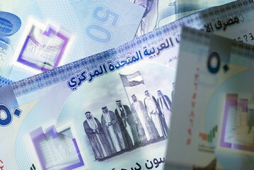 Close up Dirhams currency, AED, Bank note and coins, United Arab Emirates
