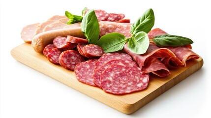 Obraz premium A vibrant display of assorted sausage, ham, and fresh salad arranged neatly on a wooden board, emphasizing colors and textures