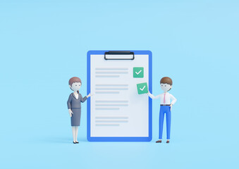 3DCG｜文章を確認しながらチェックマークをつけるビジネスマン