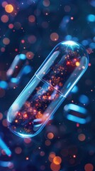Glowing blue and orange capsule in liquid, symbolizing pharmaceutical innovation and biotechnology advancements