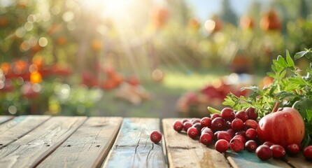 Fresh red cranberries and an apple on a wooden table in a garden setting.