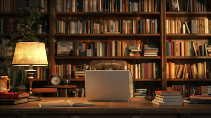 home office interior with laptop on desk and bookcase full of books in the background
