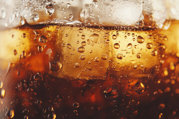A close-up of a refreshing glass of soda with ice cubes. Condensation droplets are visible on the glass, indicating it's cold.