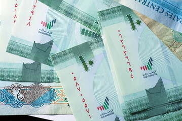 Close up Dirhams currency, AED, Bank note and coins, United Arab Emirates