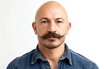 A bald man with a mustache and blue shirt. He is looking at the camera. Concept of confidence and self-assurance