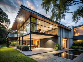 Fototapeta premium Modernist Hideout: Sharp angles, metallic accents, glass walls, isolated garage