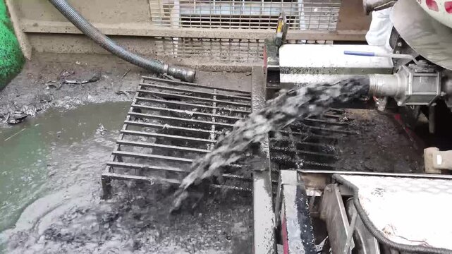 Footage of the Harewood Whin Waste Transfer Station Liquid Treatment Plant located in the town of York in the UK showing sewage being empted from a tanker