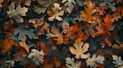 Close up of dry fall leaves texture background in orange, brown and green color tones.