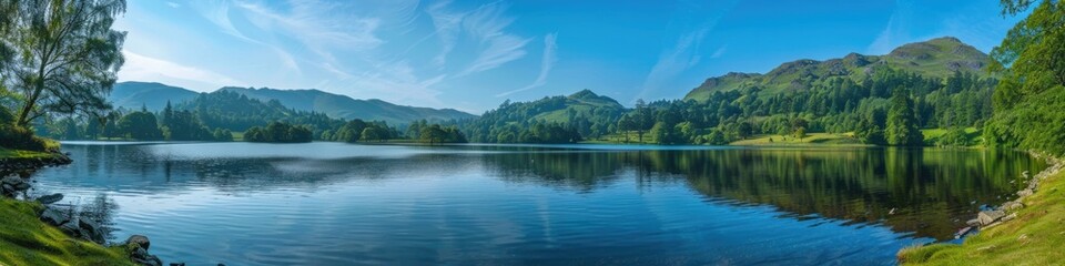 Water District: Wide Lake Panorama with Forest and Mountain Views in Stunning Nature Landscape