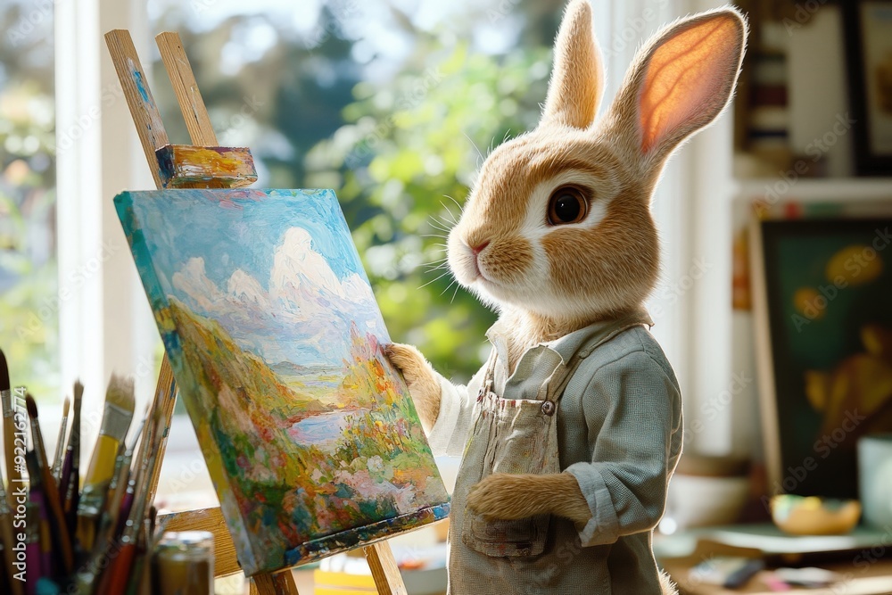 Wall mural a light brown rabbit wearing overalls skillfully paints a vibrant landscape on an easel in a bright,