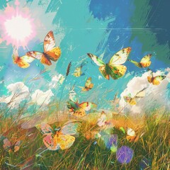 Obraz premium Butterfly Image. Vivid Summer Meadow with Wildflowers and Butterflies Illustration