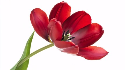 Fototapeta premium A brilliant red tulip standing tall with its cup-shaped bloom opening slightly to reveal the dark stamens inside. The petals are smooth and velvety, curving gracefully at the edges. The long green