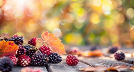 Close up of ripe blackberries on a rustic wooden table with autumn leaves in the background.