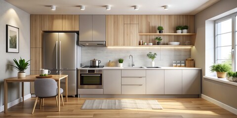 Modern Minimalist Kitchenette: Clean lines, neutral colors, compact appliances