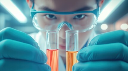 A focused scientist examines colorful liquids in test tubes, showcasing the precision and excitement of laboratory research.