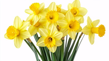 Fototapeta premium A cluster of bright yellow daffodils with trumpet-shaped blooms. The petals are smooth and slightly curved, surrounding a darker yellow corona in the center. The green stems and leaves are slender