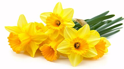 Fototapeta premium A cluster of bright yellow daffodils with trumpet-shaped blooms. The petals are smooth and slightly curved, surrounding a darker yellow corona in the center. The green stems and leaves are slender