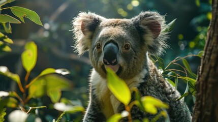 Fototapeta premium A small koala sitting amidst greenery in the jungle, looking directly at the camera.