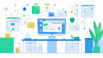 e-documents : Showcasing Modern workspace illustration featuring a computer, organized desk, and various icons representing productivity and communication tools.