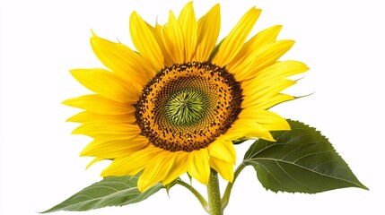 Obraz premium A single sunflower with vibrant yellow petals and a large, textured center filled with seeds. The petals radiate from the center, creating a striking contrast with the dark brown core. The green stem