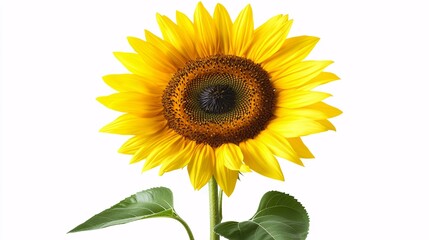 Fototapeta premium A single sunflower with vibrant yellow petals and a large, textured center filled with seeds. The petals radiate from the center, creating a striking contrast with the dark brown core. The green stem