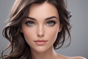 Fototapeta premium Closeup portrait of a woman with long brown hair, looking at the camera with soft makeup.